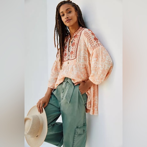 Anthropologie Claudia Embroidered Babydoll Tunic Blouse Peasant Top Boho Small - Picture 1 of 11